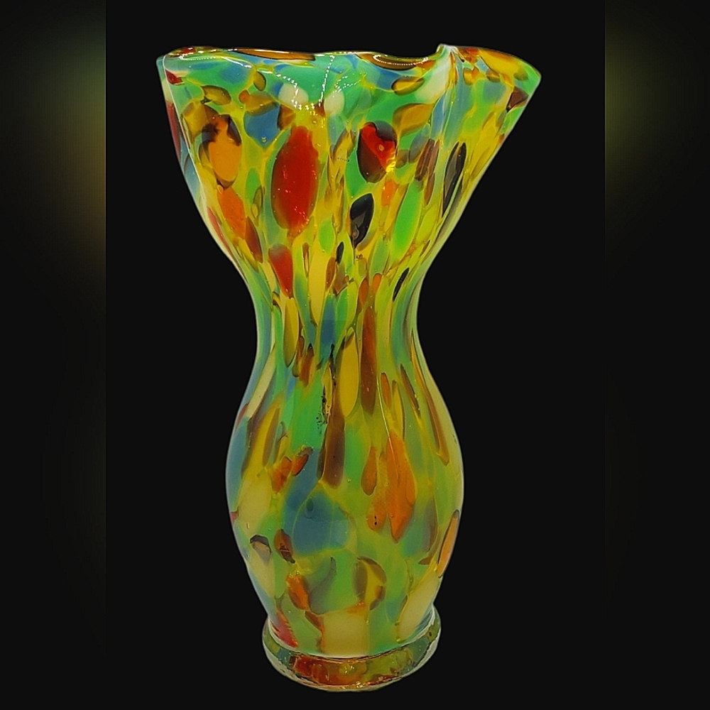 Splatter Glass Style Multicolored Handblown Vase 7" Tall